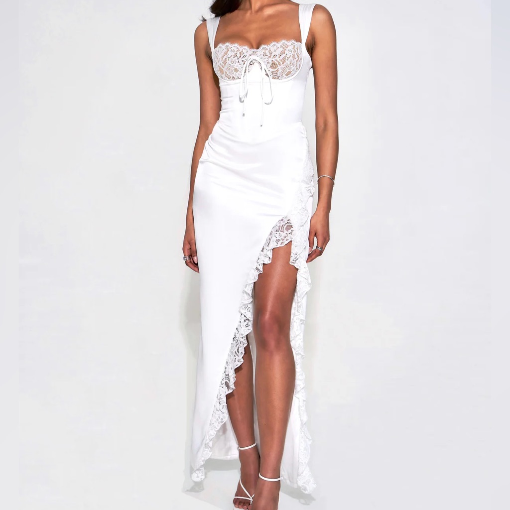 Miss Circle New York Freddie White Lace Satin Maxi Corset Dress